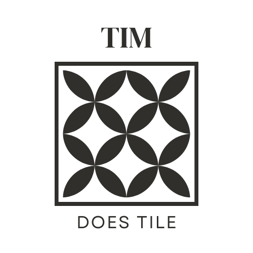 A modern logo with stylized flooring materials including tile, hardwood, and vinyl, representing Tim Does Flooring's expertise in flooring installations and shower enclosures.
